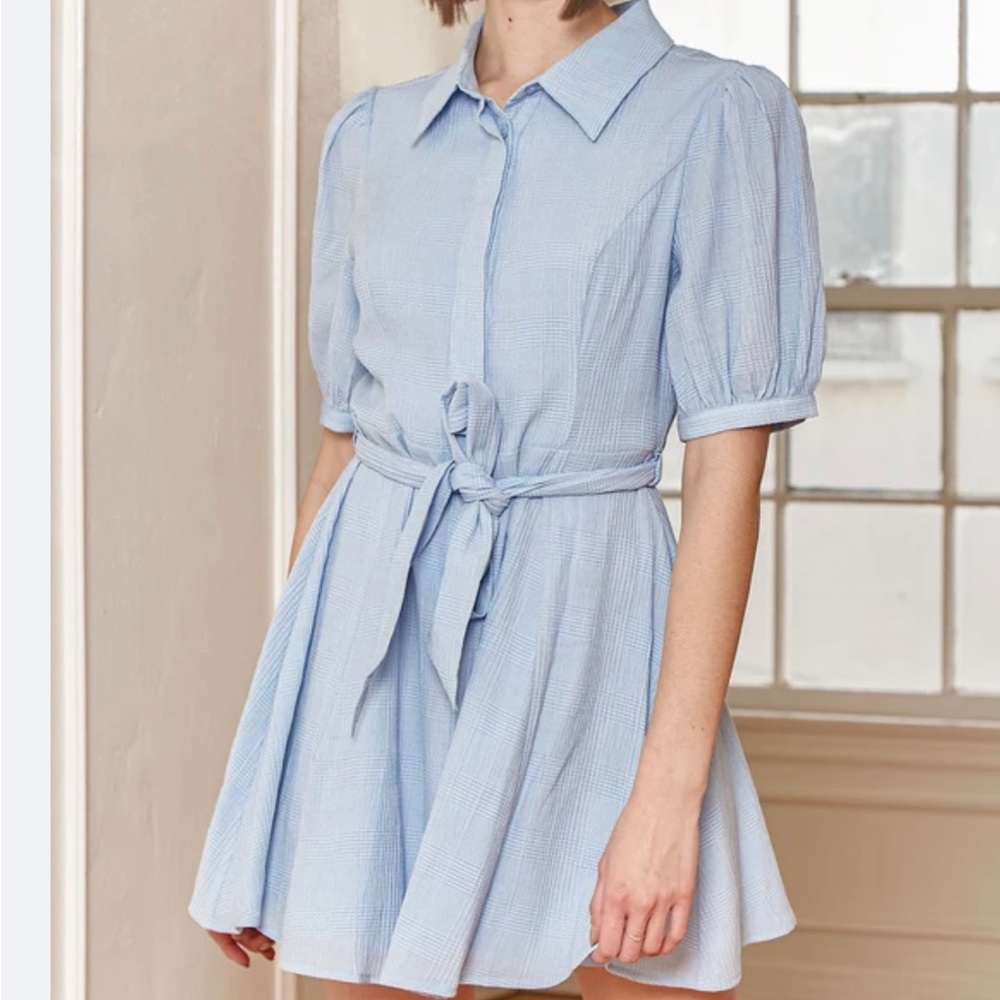NWT Lulus Light Blue Button Up Collared Puff Sleeve Mini Dress Womens Size M